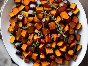Roasted Sweet Potatoes and Vegetables With Thyme and Maple Syrup