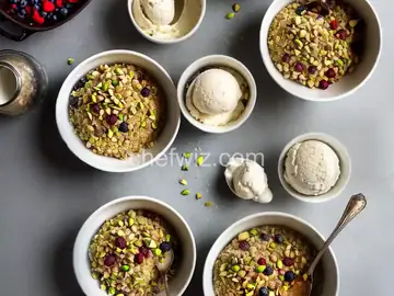 Salted Pistachio Crumbles With Berries and Ice Cream