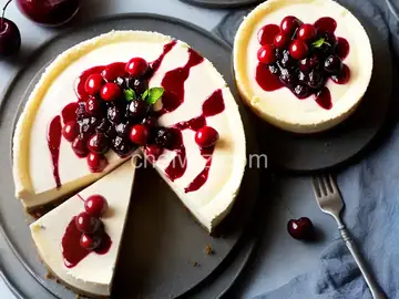 Savory Blue Cheese Cheesecake with Cherry Pear Compote and Cherry Balsamic Glaze