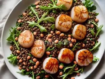 Scallops with Arugula, Lentils, and Butter Beans