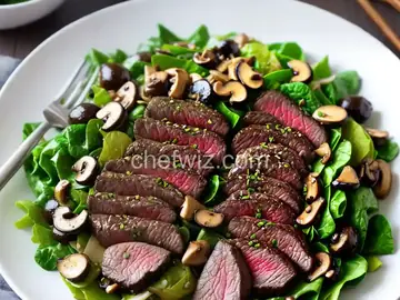 Seared Asian Steak and Mushrooms on Mixed Greens with Ginger Dressing