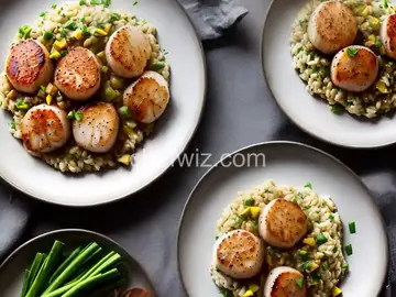 Seared Sea Scallops With Leek Risotto and Lemon-Brown Butter Sauce Recipe