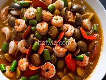Shellfish and Andouille Gumbo with Shrimp, Scallops, Clams and Oysters with Crispy Okra