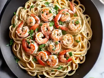 Shrimp with Garlic Cream Sauce Over Linguine
