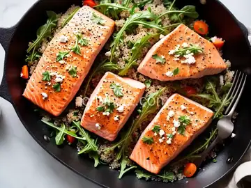 Skillet Salmon With Quinoa, Feta, and Arugula Recipe