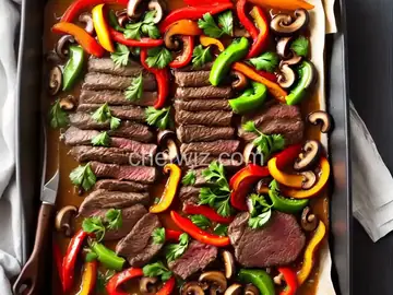 Sliced Steak, Peppers, and Mushrooms in the Oven