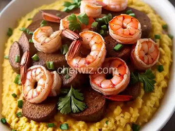 Smothered Andouille Sausage and Shrimp Over Creamy Stone Ground Grits
