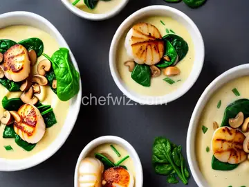 Sous-Vide Bay Scallops on Soy Ginger Espuma with Mushrooms and Spinach