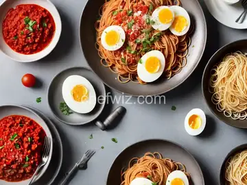 Spaghetti,boiled egg and tomato sauce