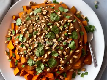Spicy Thai Peanut Sauce over Roasted Sweet Potatoes and Rice
