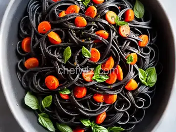 Squid Ink Tagliatelle with Squid and White Wine-Tomato Sauce
