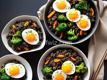 Stir-Fried Black Rice With Fried Egg and Roasted Broccoli