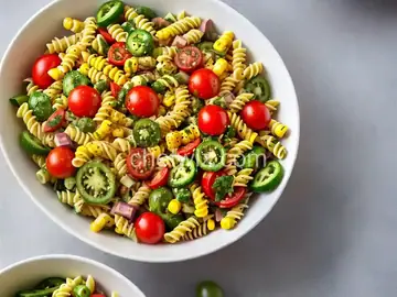 Summertime Pasta Salad with Tomatoes, Corn and Jalapeño Pesto