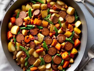 Sunshine's Roasted Winter Vegetables with Chicken-Apple Sausage and Bacon