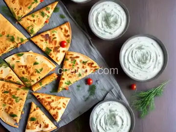Tomato, Olive and Chickpea Quesadillas with Dill Yogurt Dip