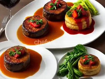 Tournedos Rossini-style with Glazed Vegetable Bouquetiere, Sauce Perigueux-style