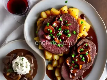 Tournedos of Beef in Mushroom, Mustard and Red Wine Sauce with Caramelized Onion-Potato Gratin
