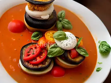 Vegetable Napoleon with Grilled Portobello Mushroom and Tomato Basil Bisque