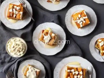 White Chocolate Bread Pudding with White Chocolate Sauce