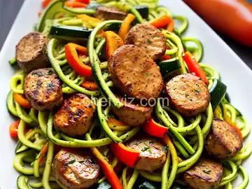 Zucchini Noodles and Summer Vegetables with Sweet Pepper Chicken Sausage