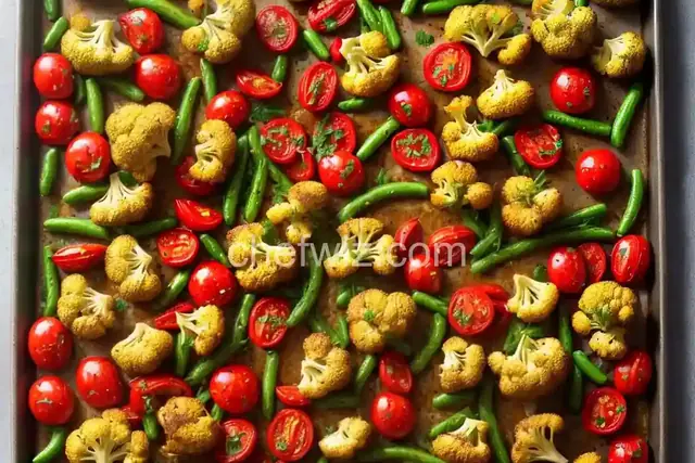 Easy Vegan Sheet Pan Roasted Cauliflower, Tomatoes, and Garbanzo Beans