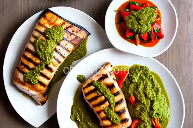 Grilled Mahi Mahi with Roasted Pepper Sauce and Cilantro Pesto