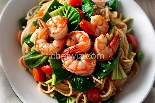 Shrimp Stir Fry with Bok Choy, Diced Tomatoes, and Rice Noodles