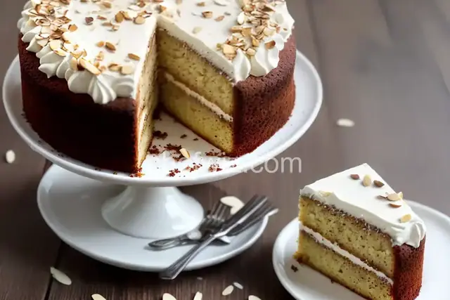 Toasted Almond and Coconut Cake with White Chocolate Ganache