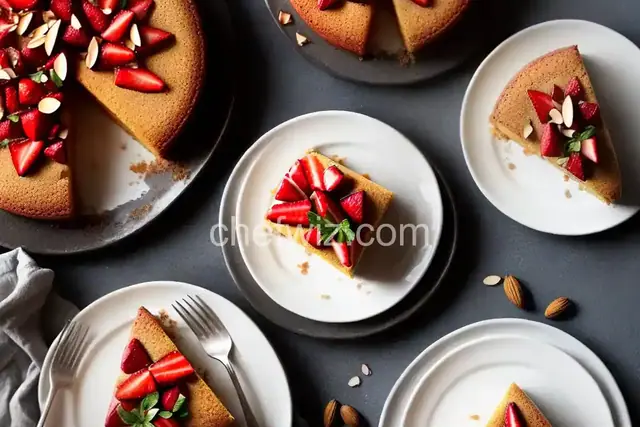 Almond Cake with Roasted Strawberries & Rhubarb on Top