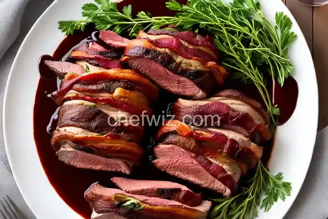 Bacon-Wrapped Leg of Lamb with Red Wine Reduction
