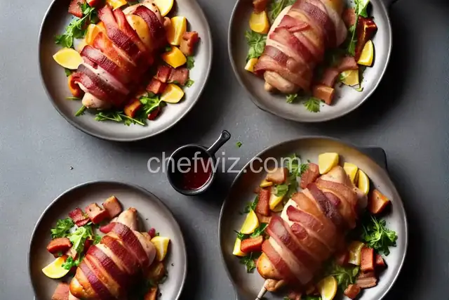 Bacon wrapped chicken stuffed with ham and cheese