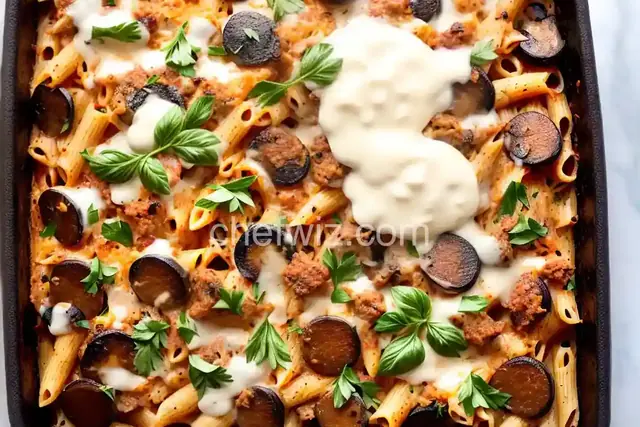 Baked Pasta with Sausage and Baby Portobello Mushroom White Sauce