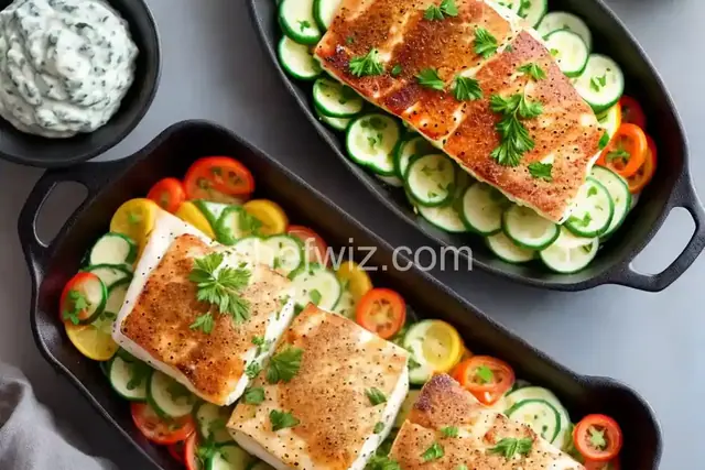 Baked Tzatziki Halibut with Smashed Potatoes