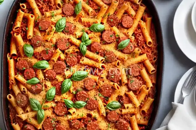 Baked Ziti with Spicy Pork and Sausage Ragu