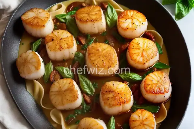 Basil Pan-Seared Scallops over Pasta