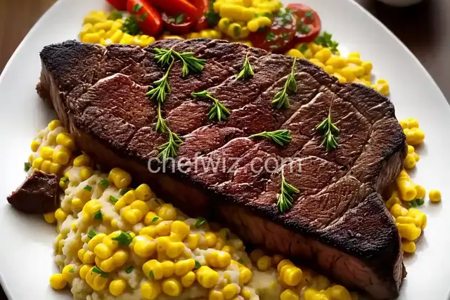 Beef Roast Steaks with Garlic Mashed Potatoes and Sweet Corn