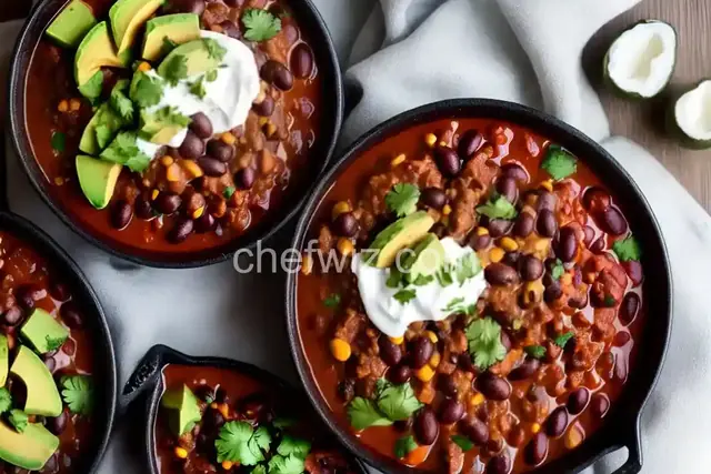 Beef and Black Bean Chili with Toasted Cumin Crema and Avocado Relish