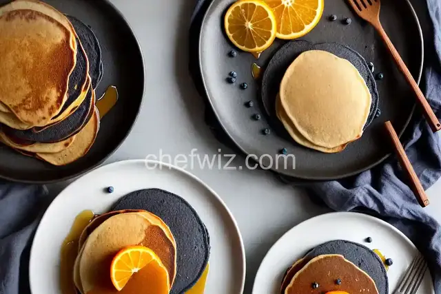 Blue Corn Pancakes with Orange Honey Butter and Cinnamon Maple Syrup