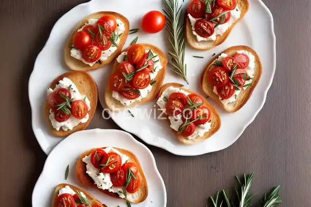 Bruschetta with Rosemary, Roasted Plum Tomatoes, Ricotta, and Prosciutto