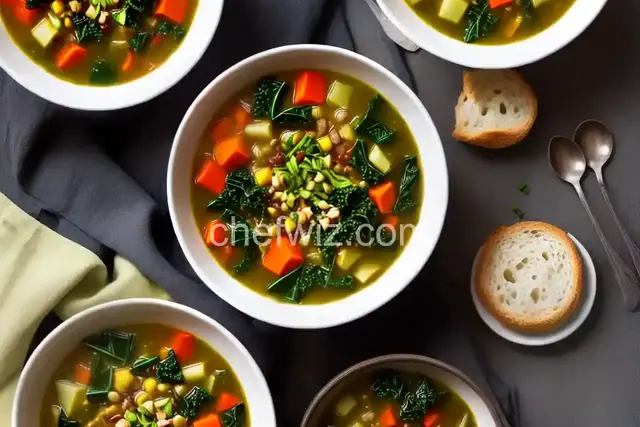 CSA Vegetable Soup with Kale, Chard, and Garlic Scapes