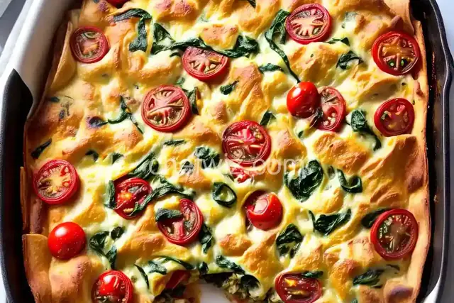 Caramelized Onion, Spinach and Gruyere Strata with Sauteed Cherry Tomatoes