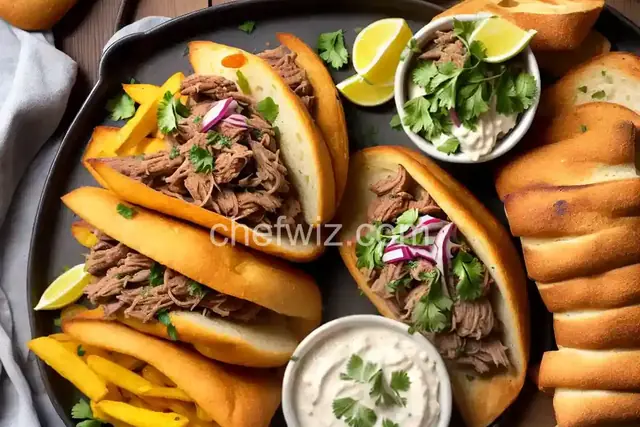 Carnitas fritas con tostones garlic sauce and long bread...