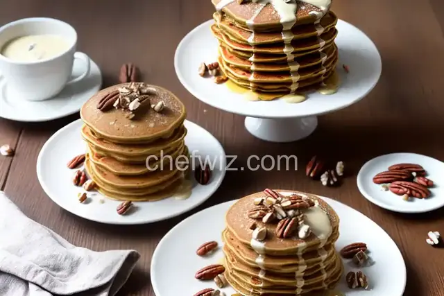 Carrot Cake Pancakes with Maple-Cream Cheese Drizzle and Toasted Pecans