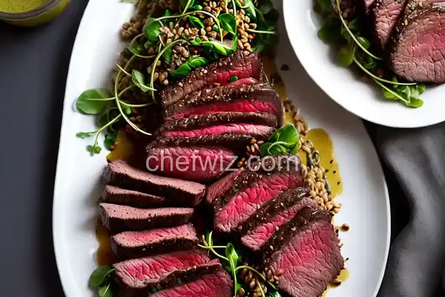 Charred Beef Tenderloin With Cacio e Pepe Toasted Barley and Watercress Pesto Recipe