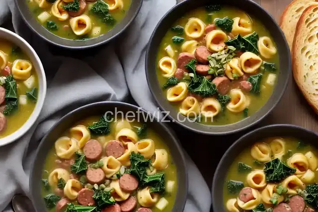 Cheese Tortellini Soup with Cannellini, Kielbasa, and Kale