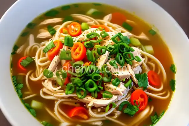 Chicken Soup With Rice Noodles and Scallion Crisp