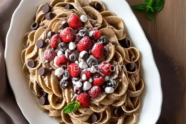 Chocolate Pasta with Chocolate Hazelnut Cream Sauce, White Chocolate Shavings and Fresh Berries
