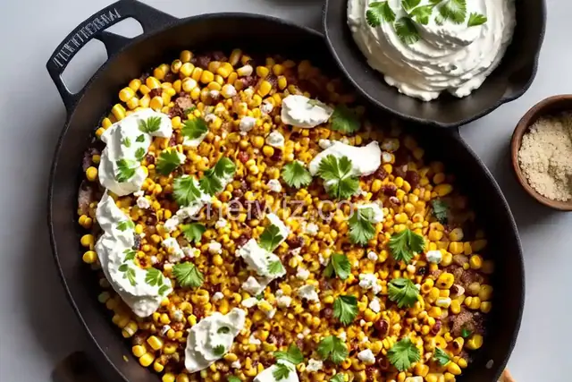 Corn with Roasted Chiles, Creme Fraiche, Cotija Cheese
