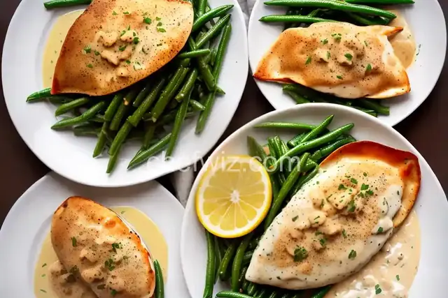 Crab-Stuffed Flounder with Mornay Sauce and Green Beans Almondine