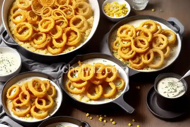Creamed Corn Gratin with Fried Onion Rings and Bacon
